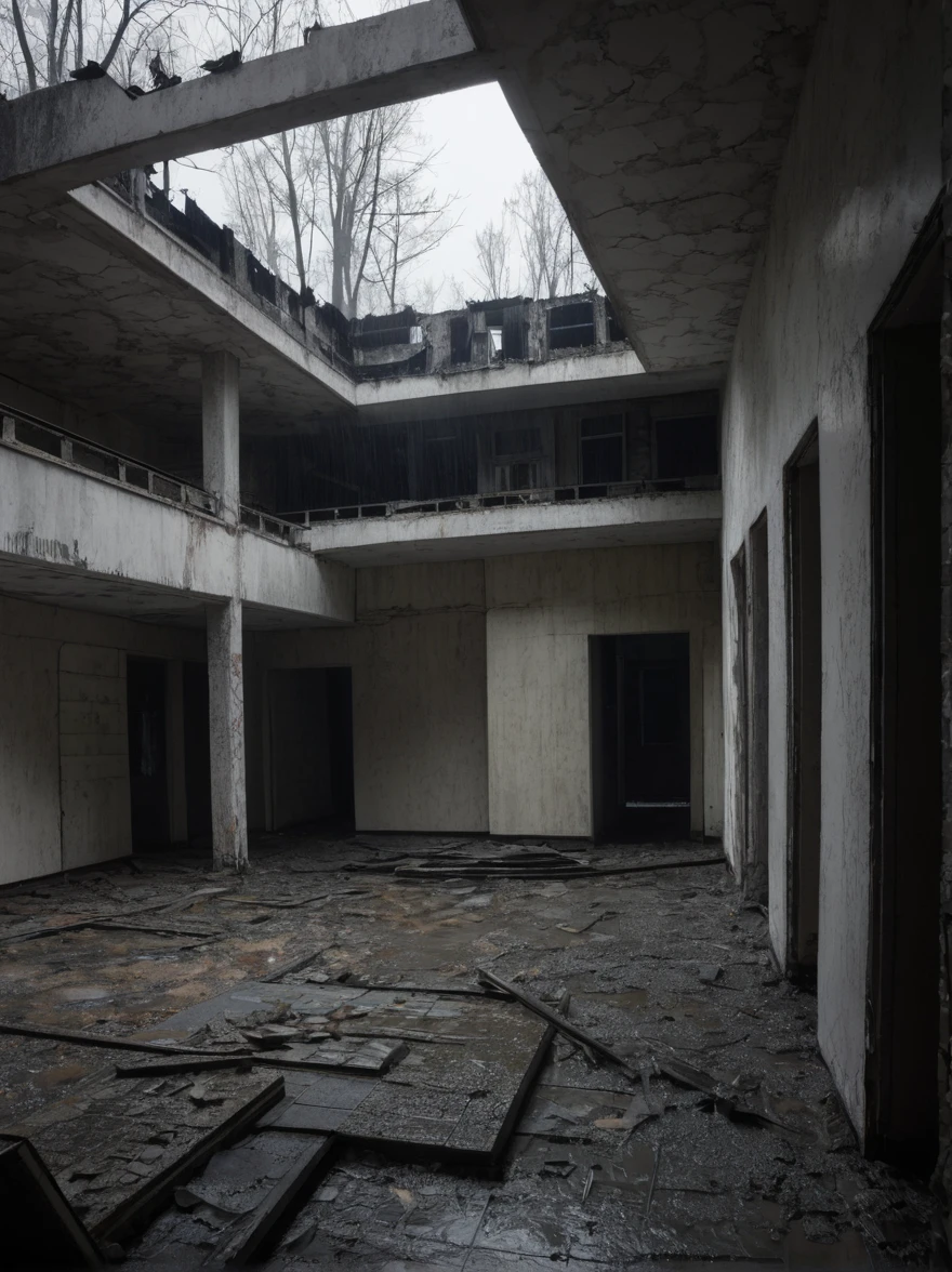 ((mejor calidad)), ((obra maestra)), Arquitectura brutalista abandonada de Pripyat, rainy day, trueno, truenobolt, Foto DSLR hiperrealista, nikon d5,negro,oscuro,neblina,horror