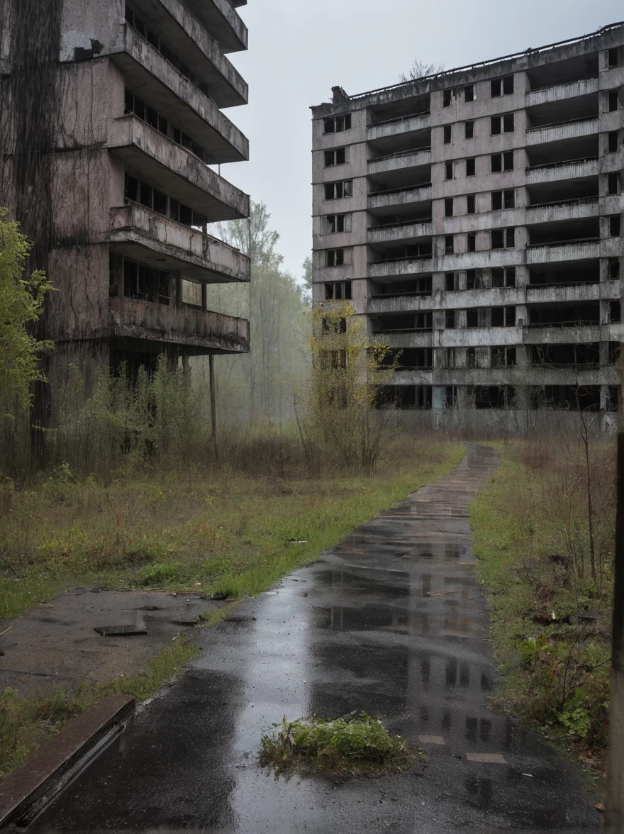 ((mejor calidad)), ((obra maestra)), Arquitectura brutalista abandonada de Pripyat, rainy day, trueno, truenobolt, Foto DSLR hiperrealista, nikon d5,negro,oscuro,neblina,horror