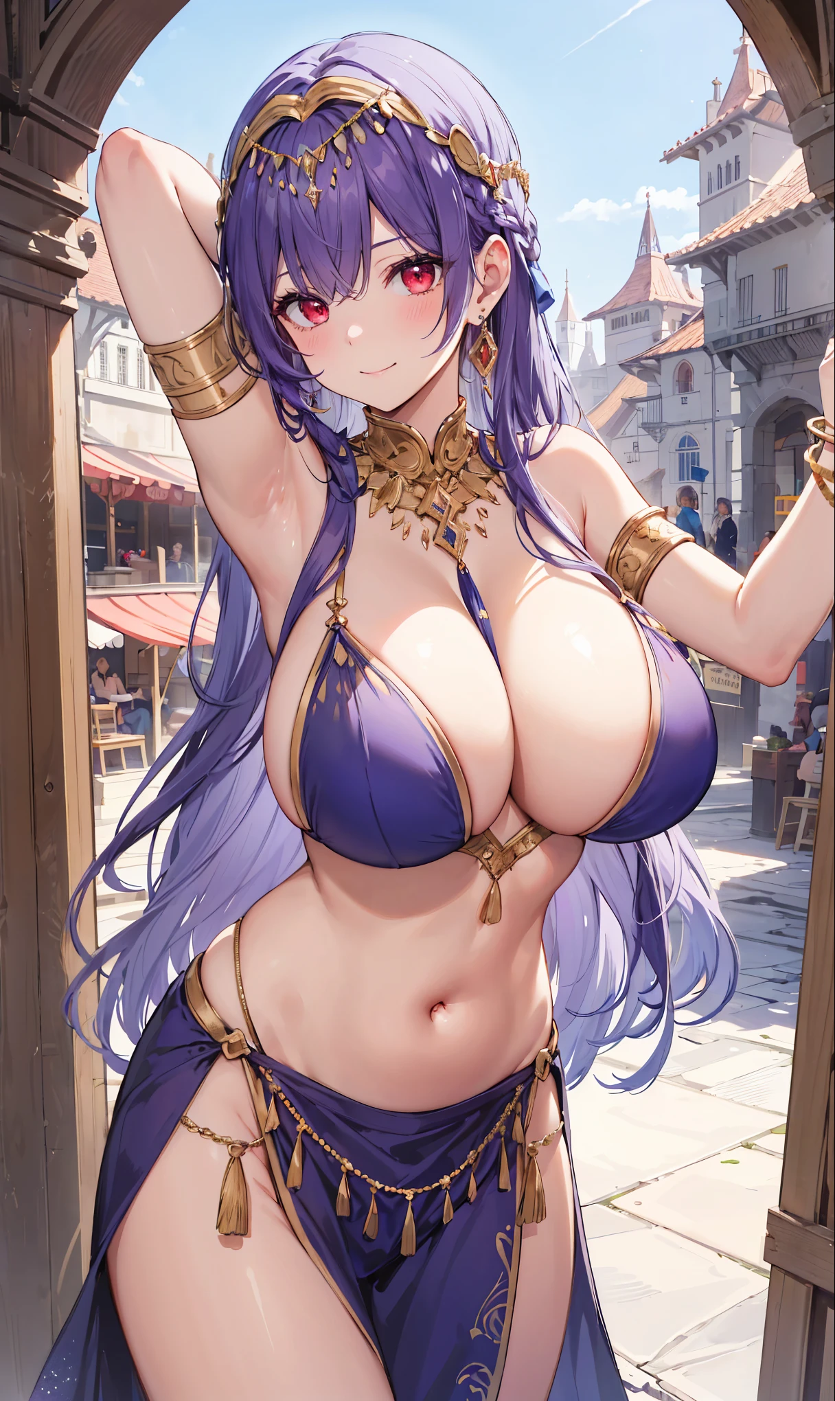 high quality, ultra detailed, best quality, insanely detailed, beautiful, masterpiece, 1girl, medieval plaza, cowboy shot, red eyes, long hair, purple hair, belly dancer, circlet, earrings, armlets, bracelets, bashful smile, large breasts, cleavage, soft stomach