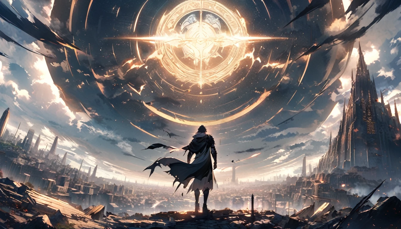 A pale magic circle floating in the sky, ,A hero who stands against the destruction of the world, back of the character, city in the background