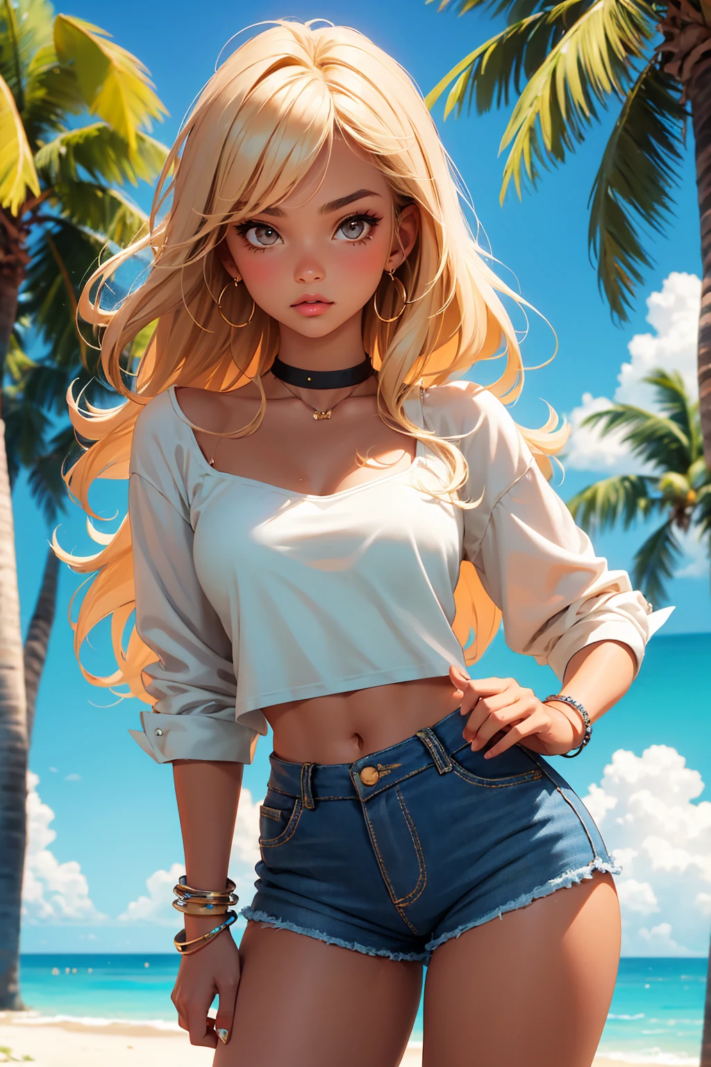 A 25-year-old German woman with Latin features, an athletic body, striking green eyes slightly slanted like those of an Oriental woman, and an expressive gaze, delicate features, a pert butt, slightly plump breasts, and blonde hair. She also has something that always stands out: a small tattoo on her left cheek, slightly reddish in tone but very discreet. She is wearing short denim shorts and a white shirt, her face is subtly made up, and her body has a soft yet noticeable natural tan. She is walking on a pier on a sunny morning with the green sea in the background.