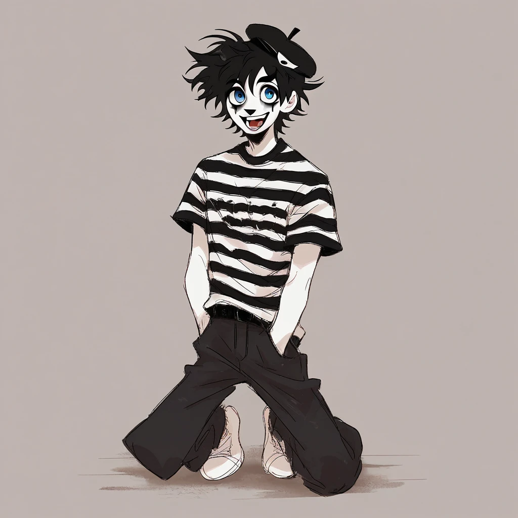 adult tall male mime, shirt grunge, sketchy lines, messy hair, black hair, wearing a beret, score_8_up, score_9_up,happy, has mime makeup on, wearing a mime outfit, dark blue eyes, performing on the streets of paris, miming, showing full body, on a city street, solo, alone, (SOLO)(ALONE) Dancing, arms out, hands open