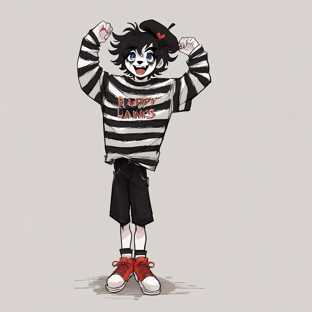 adult tall male mime, shirt grunge, sketchy lines, messy hair, black hair, wearing a beret, score_8_up, score_9_up,happy, has mime makeup on, wearing a mime outfit, dark blue eyes, performing on the streets of paris, miming, showing full body, on a city street, solo, alone, (SOLO)(ALONE) Dancing, arms out, hands open