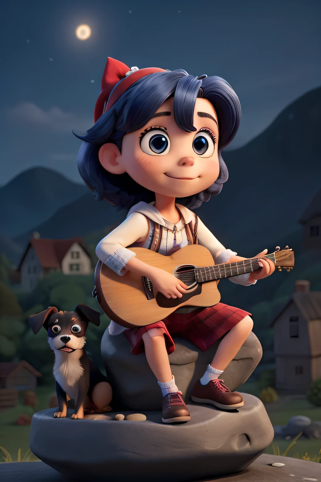 A cute dark blue haired girl sitting on the stone playing the guitar and a black and blue eyed dog next to me.