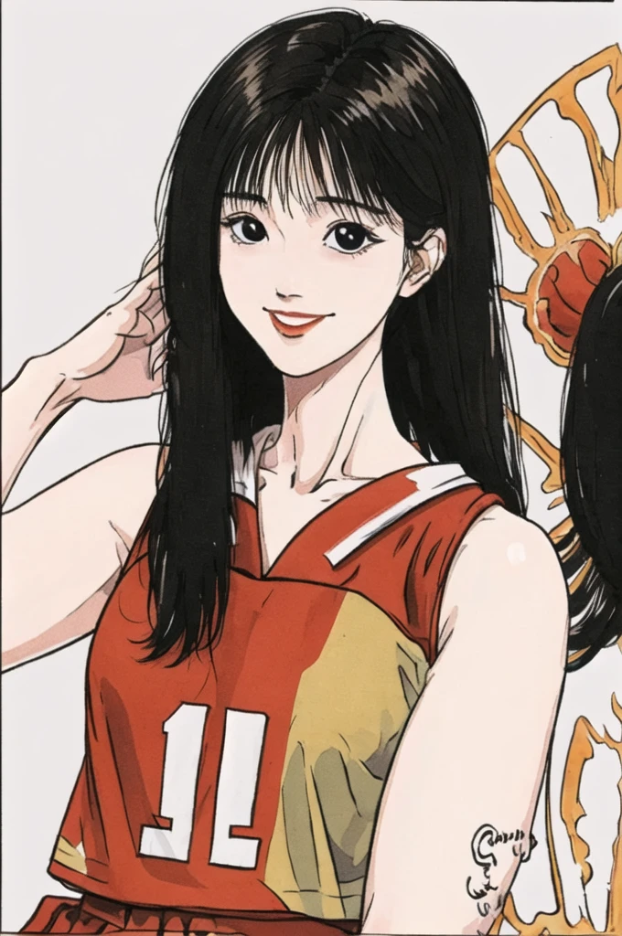 1girl, solo, slim, tall girl,  long hair, looking at viewer, smile, red basketball uniform, bare shoulders, collarbone, hand in own hair, black eyes,
 