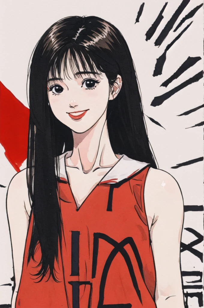 1girl, solo, slim, tall girl,  long hair, looking at viewer, smile, red basketball uniform, bare shoulders, collarbone, hand in own hair, black eyes,
 