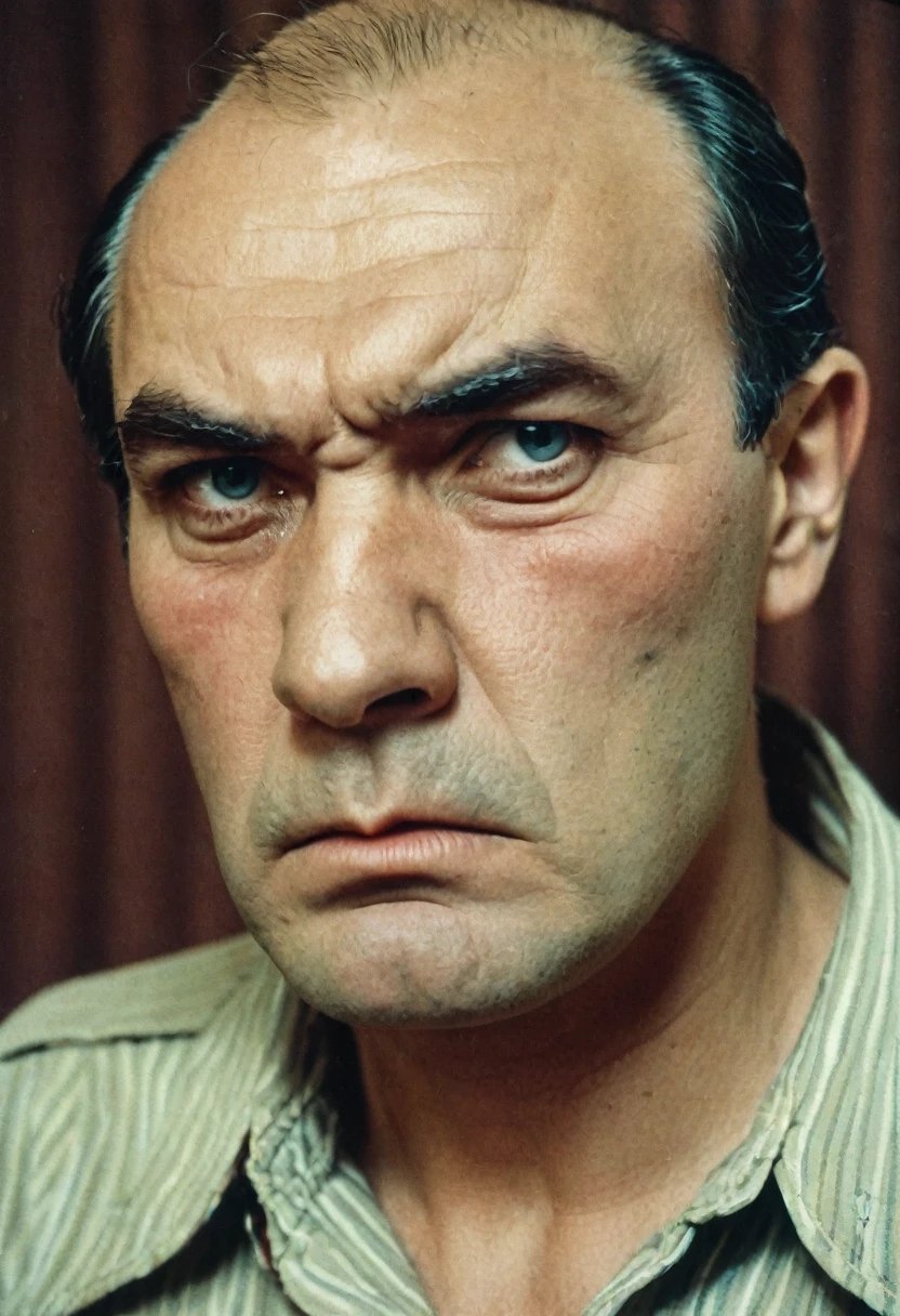 color photo, Angry Man, frowning, portrait photo, in 1980 style, USSR, photo taken in the apartment. The man has stern facial features, chaetinous cheekbones and cheeks