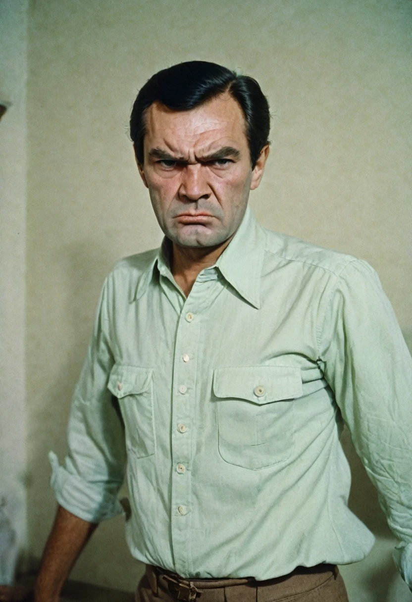 color photo, Angry Man, frowning, portrait photo, in 1980 style, USSR, photo taken in the apartment. The man has stern facial features, chaetinous cheekbones and cheeks
