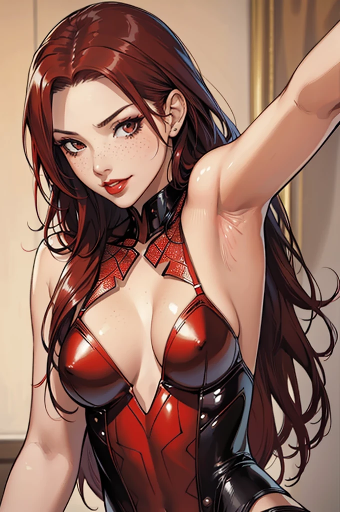 1girl,a beautiful fashion model ,(masterpiece, detailed background, best quality),shiny hair, red hair,smirk,juicy lips,red lips, lingerie, stripping, elegant makeup, exhibitionism, torn spiderman outfit, Persona3Mitsuru, art by j scott campbell, freckles, girl in a dynamic pse, shiny skin, confident expression, smirk, bodysuit, edgOrgasm,face focus,