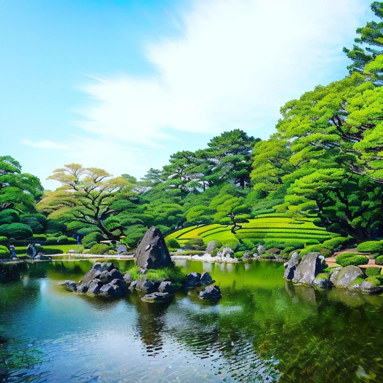 8k、Super Resolution、Real:1.37、masterpiece:1.2、 ( Swimming in a flock of fish Colorful Nishikigoi Carp:1.2 )、Green shadows reflected on the water surface:1.2、There is a pond with rocks、There is a rock formation in the center, lush Japanese Landscape, in Japanese garden, Nature of the Book, Japanese Landscape, Japanese garden, royal Garden scenery, beautiful ancient garden behind, Japanese countryside, 江戸時代のJapanese Landscape, Parks and Gardens, Heroine Japan Vivid scenery, In a serene landscape, Garden scenery
