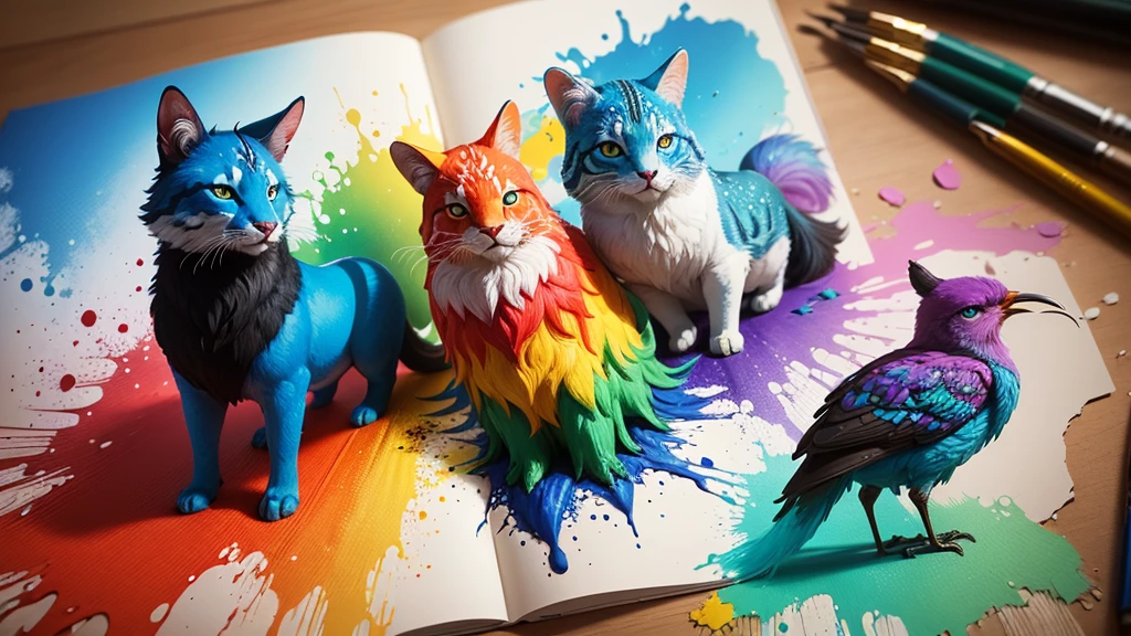 four magical nature animals made of colorful paints. tintas derramadas por toda parte, explosions of colorful paints.
