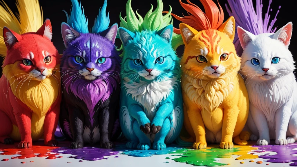 four magical nature animals made of colorful paints. tintas derramadas por toda parte, explosions of colorful paints.