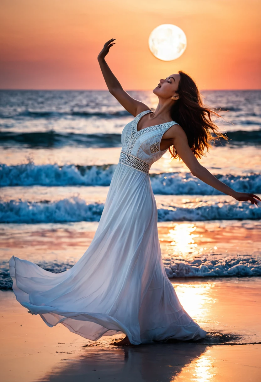 The image shows a woman dancing on the beach at sunset. She is wearing a long white dress and holding a large moon in her hands.