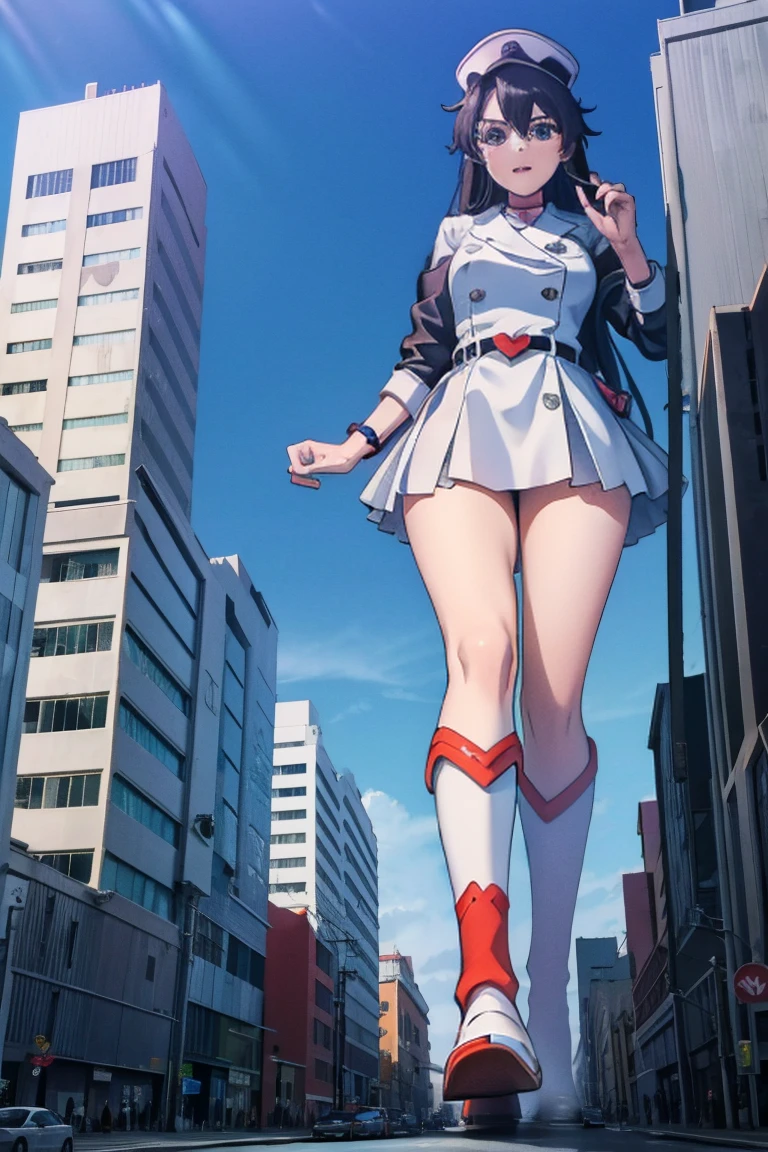 Giant maiden in sneakers,der riese、Girl taller than the building,from below, round and large eyes、tallgts,giantess,Full body photo,BuildingSeat, white uniform,Big breasts,pencil skirts,black lence stockings,white boots,cleveage of the breast、a miniskirt、Modern miniature buildings、top-quality、Watercolor style、