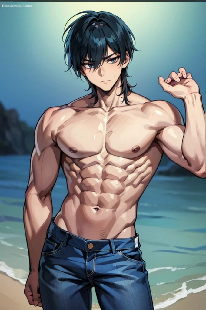 Ishimi, 1boy, 13 year old boy, barechested male, muscular boy, abs, biceps, muscular boy, pectorals, muscular pectorals, looking at viewer, jeans pants, original, (masterpiece), (illustration), (extremely fine and beautiful), perfect detailed, photorealistic, (beautiful and clear background:1.25), (depth of field:0.7),