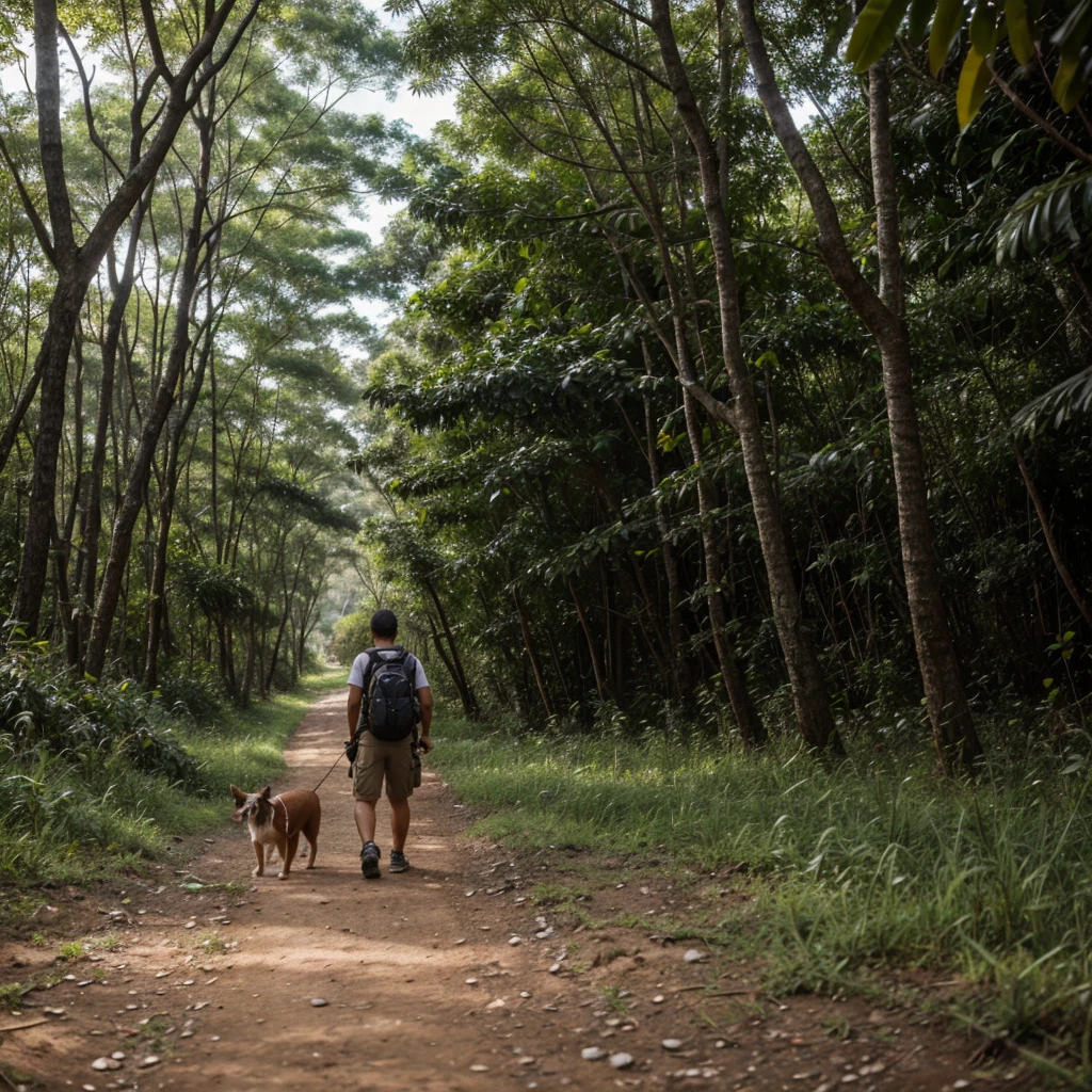 scene with the camera close to the ground, mostrando um adulto com mochila nas costas, like a survivalist and a small dog leaving a highway and heading towards a tropical forest, a qual parece ser abandonada, with many trees and, em primeiro plano, um cogumelo pequeno estranho soltando esporos no ar, as if he intended to infect the boy who is walking.