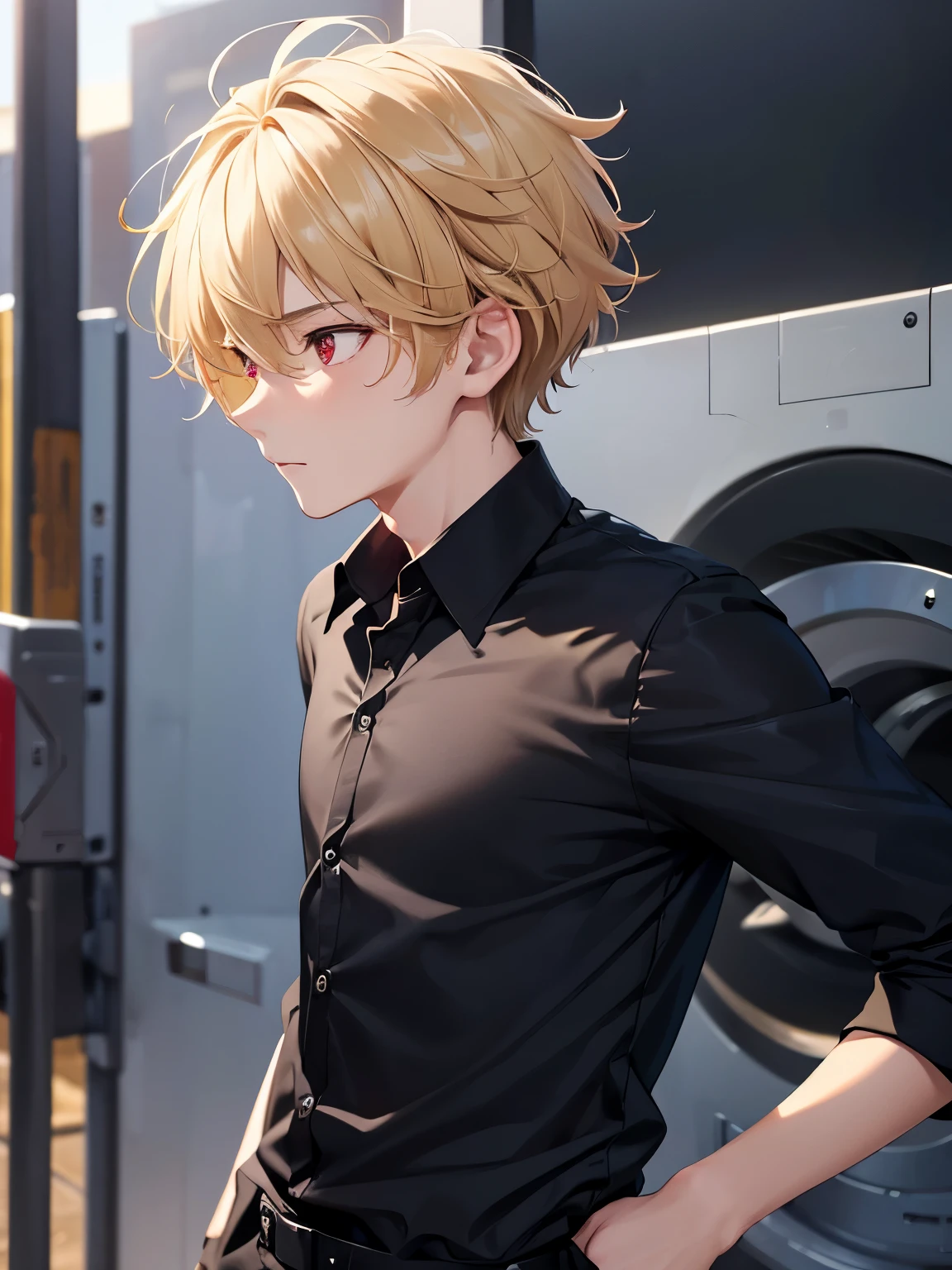 1boy,handsome,18 years old,Walking facing right, camera angle from the side, photo from the side, looking away,close up photo,Perfect face, HD face, ultra detailed face, short hair, blonde hair, messy hair,Black long-sleeved shirt, open buttons,black trousers, bright red eyes,,ultra detailed, ultra HD