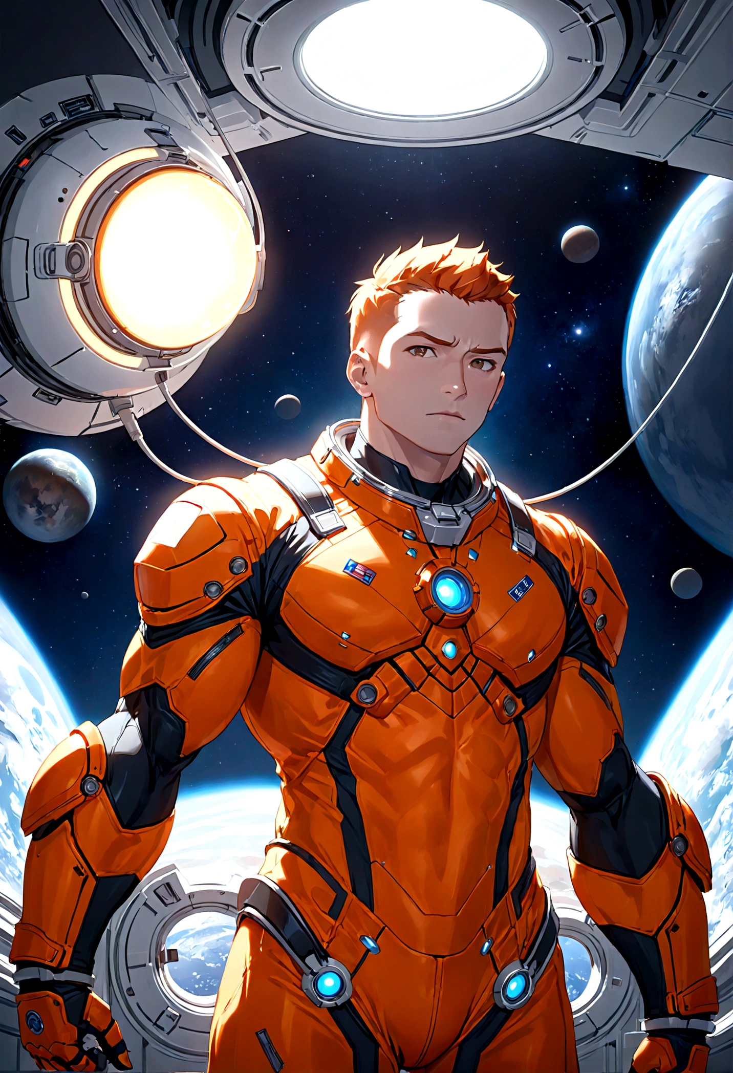 The astronaut is a 30-year-old man.., white and orange metallic clothing, ((manchas ucranianas:1.5 )), cinematic, foto shooting, meia luz de fundo, luz de fundo, dramatic lighting , incandescent lamp, soft lighting, incrivelmente detalhado e complexo, hiper maximalista, arte, pose elegante, dynamic, foto, volume , muito detalhado, detalhes intrincados, Gwise의 very detailed 걸작, Ambiente futuro