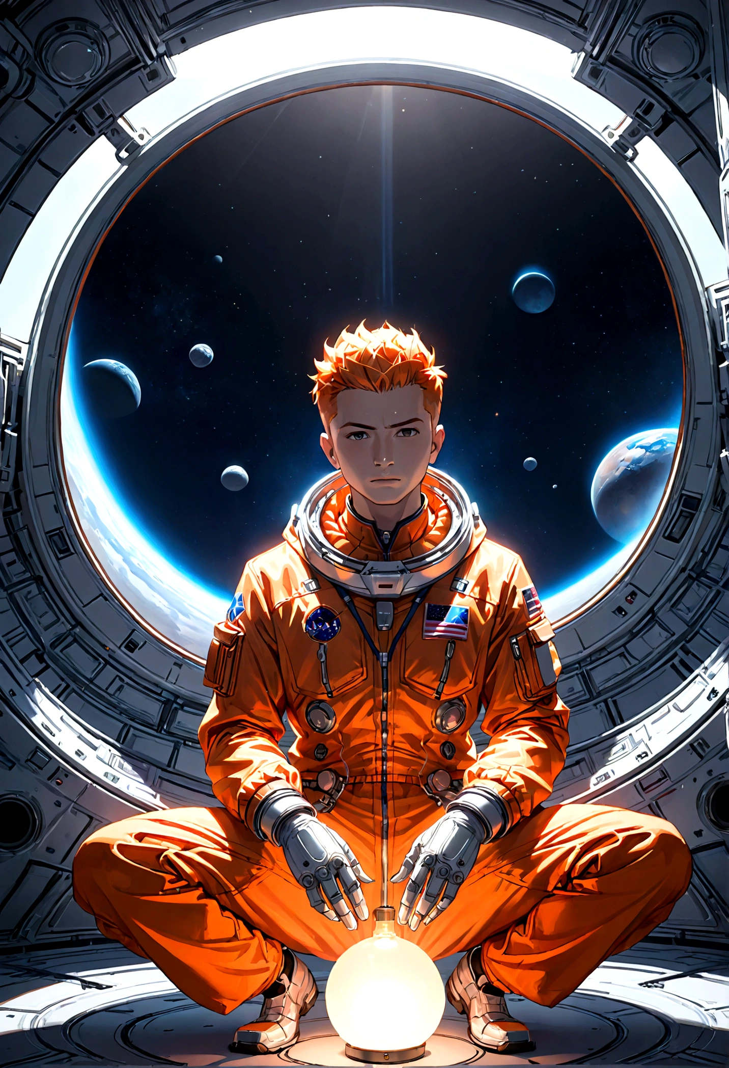 The astronaut is a 30-year-old man.., white and orange metallic clothing, ((manchas ucranianas:1.5 )), cinematic, foto shooting, meia luz de fundo, luz de fundo, dramatic lighting , incandescent lamp, soft lighting, incrivelmente detalhado e complexo, hiper maximalista, arte, pose elegante, dynamic, foto, volume , muito detalhado, detalhes intrincados, Gwise의 very detailed 걸작, Ambiente futuro