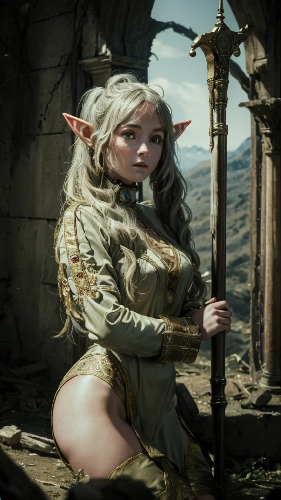 In realistic photo of high quality and detail, Frieren (Sousou no Frieren), dark fantasy, movie style, european, A petite elf girl with green eyes, thick eyebrows and long white hair parted in the middle and braided into two high pigtails. She has large pointed elf ears, 1girl, Depth & Perspective, she's wearing a white lingerie, dramatic look, fine face, indoors, she's stands in the ruins, ancient ruins on the background, daylight, looking at viewer, (very detailed face:1.4), (capricious, private study:1.3), (Ultra-high detail:1.2), Motion photography, high details, detailed and intricate, intricate details, high intricate details, Absurd amount of detail, absurdity, high resolution, (high quality:1.2, masterpiece:1.2, :1.21), Masterpiece, Best Quality, Ultra-detailed, Cinematic lighting, 8K, delicate features, cinematic, 35 mm lens, f/1.9, highlight lighting, global lighting –uplight –v 4, cinematic, (Solo Focus), (extremly intricate:1.3), (Realistic)
