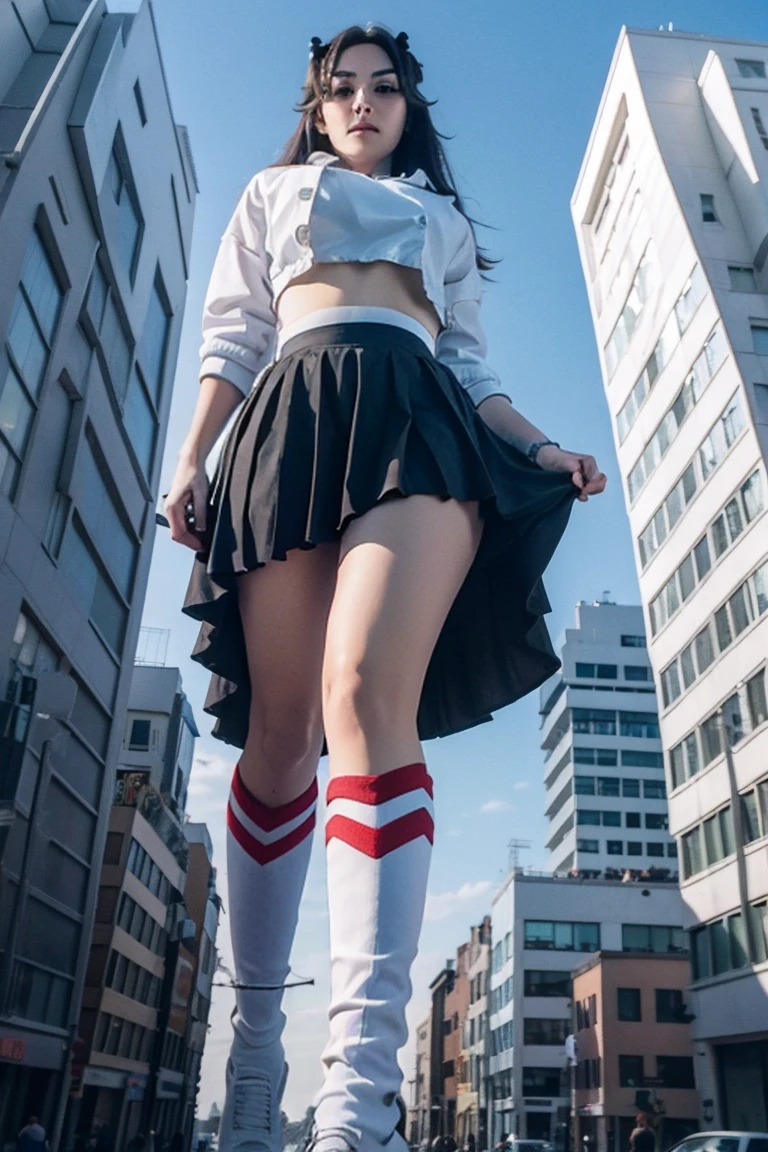 Giant maiden in sneakers，der riese、Girl taller than the building，from below, round and large eyes、tallgts,giantess，Full body photo，BuildingSeat, white uniform，Big breasts，pencil skirts，black lence stockings，white boots，cleveage of the breast、a miniskirt、Modern miniature buildings、top-quality、Watercolor style、