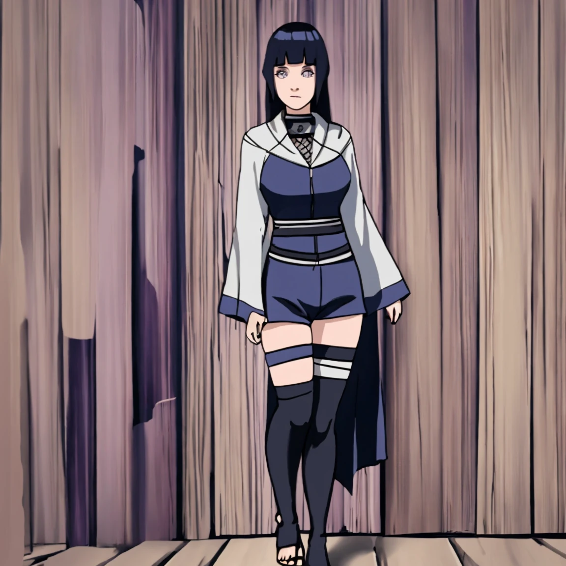 1 girl, Hinata Hyuga, the last, shy girl, long black hair, blunt bangs, dark hair, Voluminous hair, white eyes, no pupils, Lavender Sleeveless Kimono Blouse, long black boots, navy blue shorts, Black translucent stockings, holster, bandage on thigh, open sandals, big breasts, wide hips, shapely legs, slim waist, looking at viewer, masterpiece, best quality, Professional, realistic