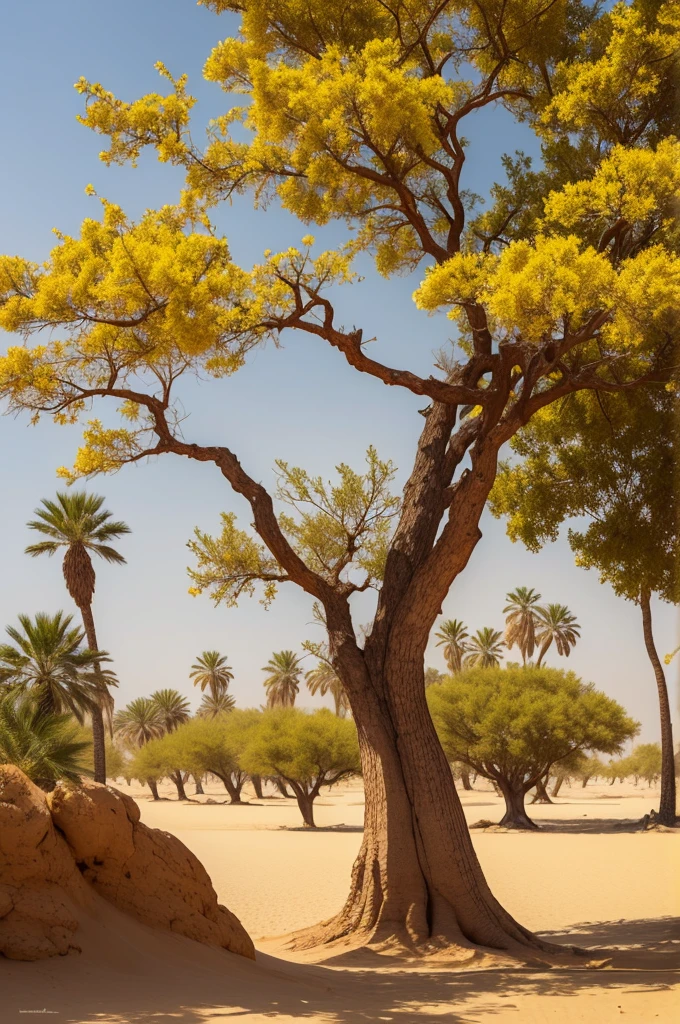 Arabian desert with just one very large tree with yellow flowers, com um homem arabe embaixo dela vendo o por do sol avermelhado no horizonte