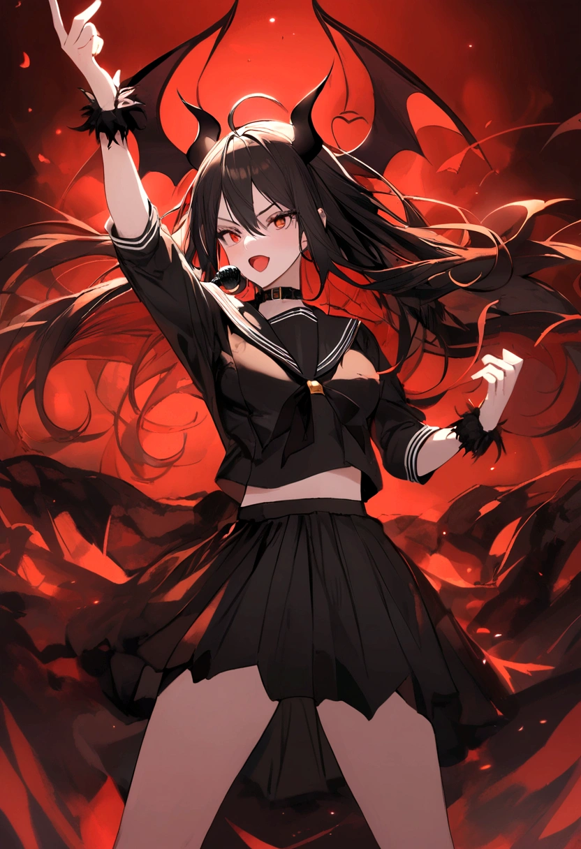 sailor suit, black long hair, cool pose, dynamic, devil, Standing Microphone,