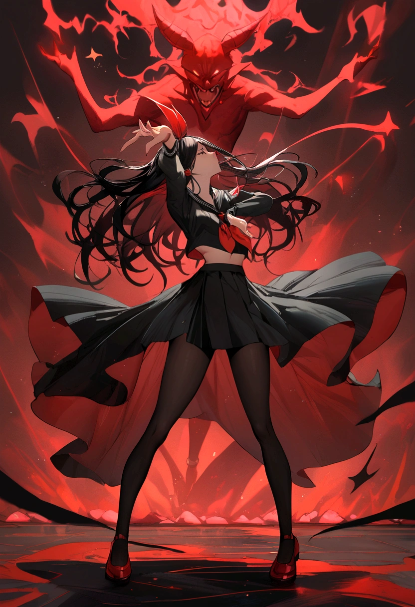 sailor suit, black long hair, cool pose, dynamic, devil, Standing Microphone,