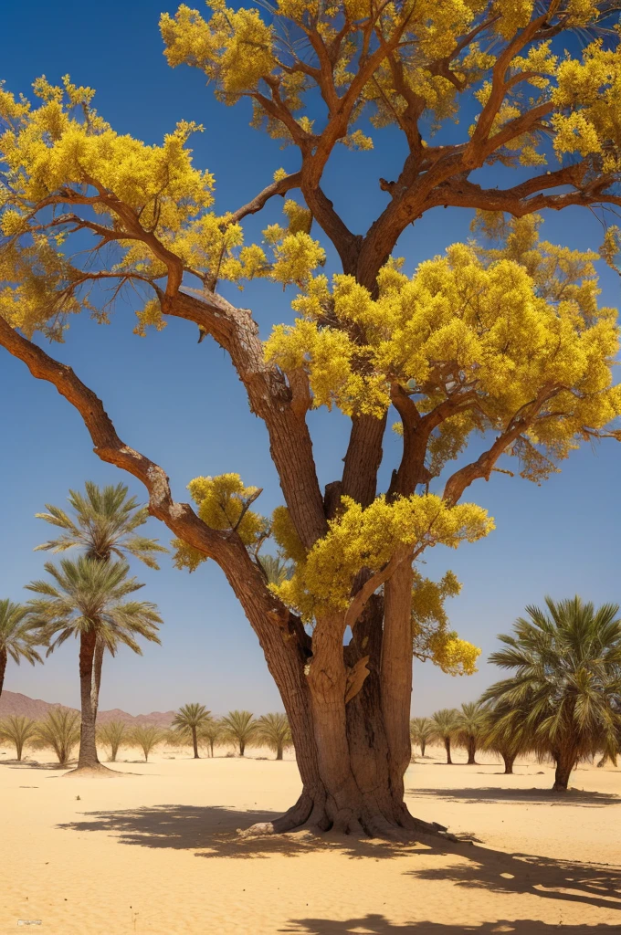  Arabian desert a thousand years ago with just one very large tree with yellow flowers, com um homem arabe embaixo dela vendo o por do sol no horizonte
