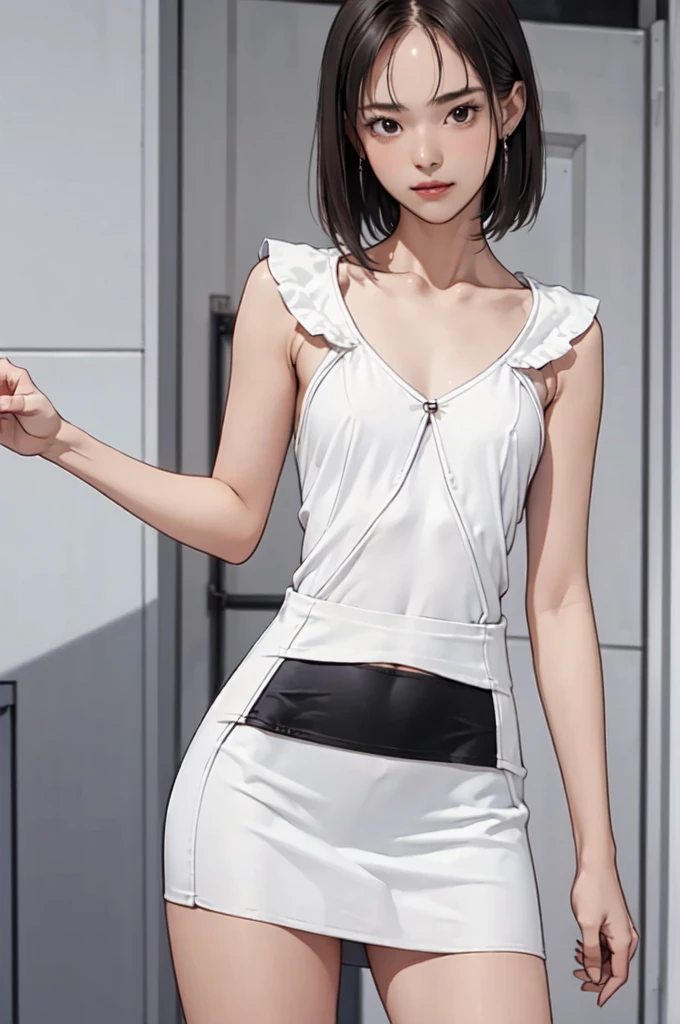 ((masterpiece, best quality)),((highres:1.2)), 1 Girl, solo, Blurred Background, (Straight Hair:1.2), ((Pencilskirt dress)), ((flat chest)), Thighs, Church, ((Groin)), (slanted eyes), ((Special pose:1.2)), (short hair), ((leg lift)), ((mini Pencilskirt:1.2)), underwear