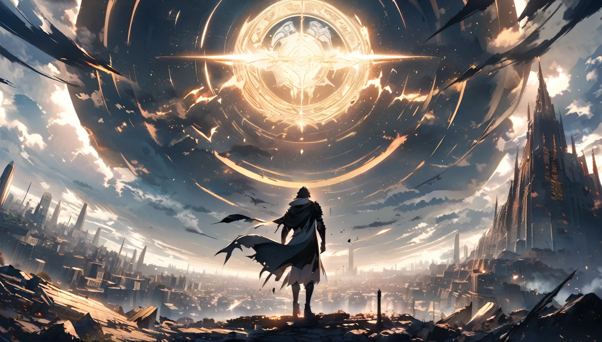 A pale magic circle floating in the sky, ,A hero who stands against the destruction of the world, back of the character, city in the background