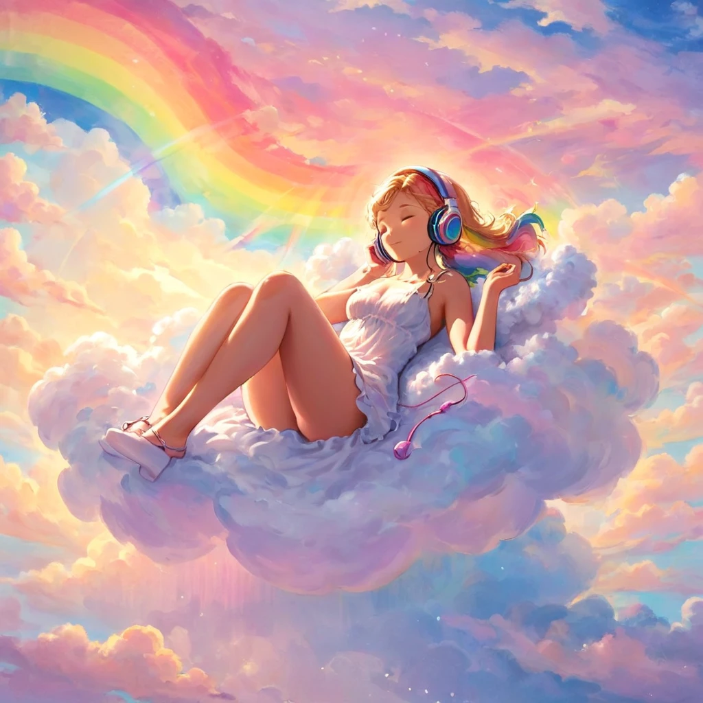 A stunningly ethereal woman, wearing headphones, composed of a dazzling array of rainbow hues, reclines gracefully at the end of a radiant rainbow amidst the fluffy clouds in the sky. Bathed in dynamic and enchanting lighting, accentuates her vibrant, full-bodied form. Fantasy art. Masterpiece 