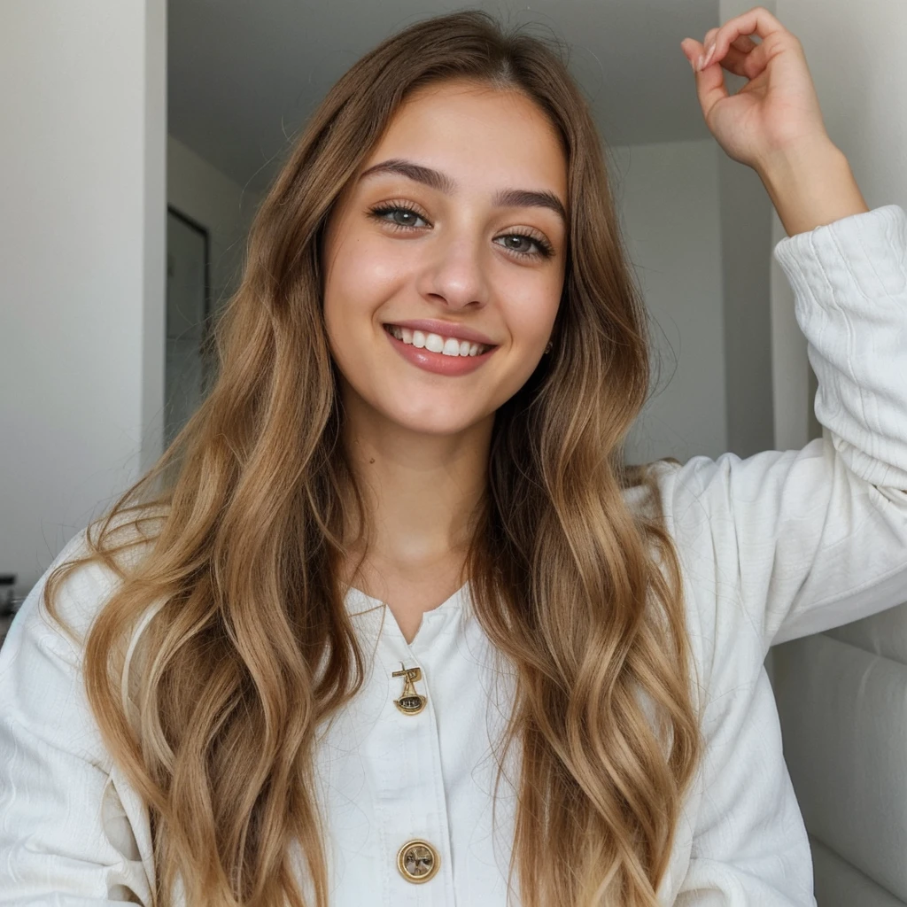 one cute women, 22YO, white, Arab, cute face, realistic brown eyes, blue jacket, blonde/brown hair, cute smile, skinny face, white realistic teethes, big eyes, long hair