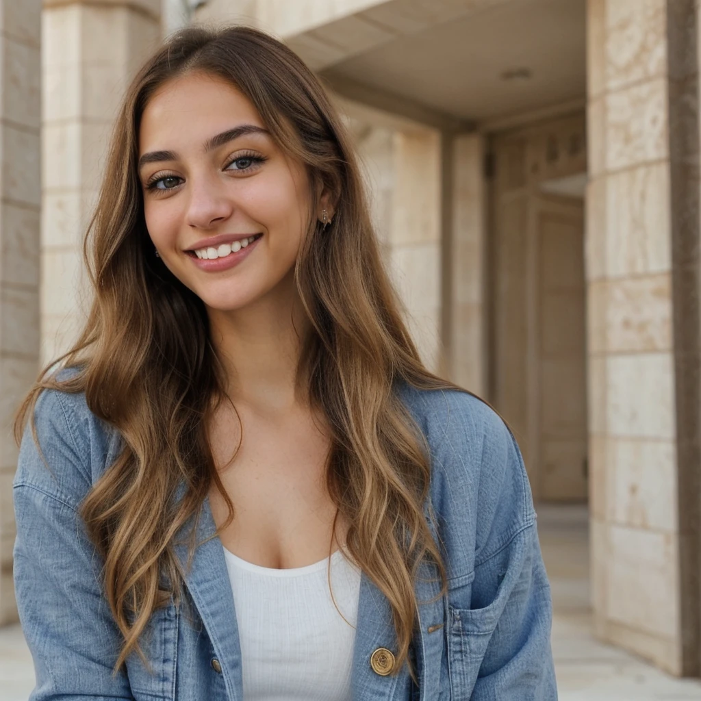 one cute women, 22YO, white, Arab, cute face, realistic brown eyes, blue jacket, blonde/brown hair, cute smile, skinny face, white realistic teethes, big eyes, long hair