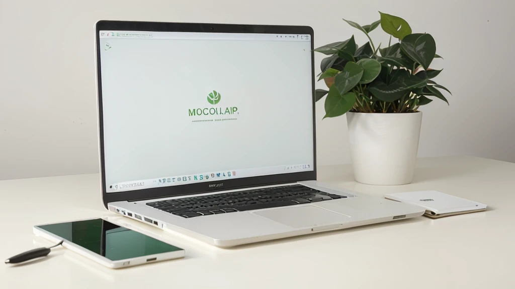 Laptop mockup with green leaves on white background