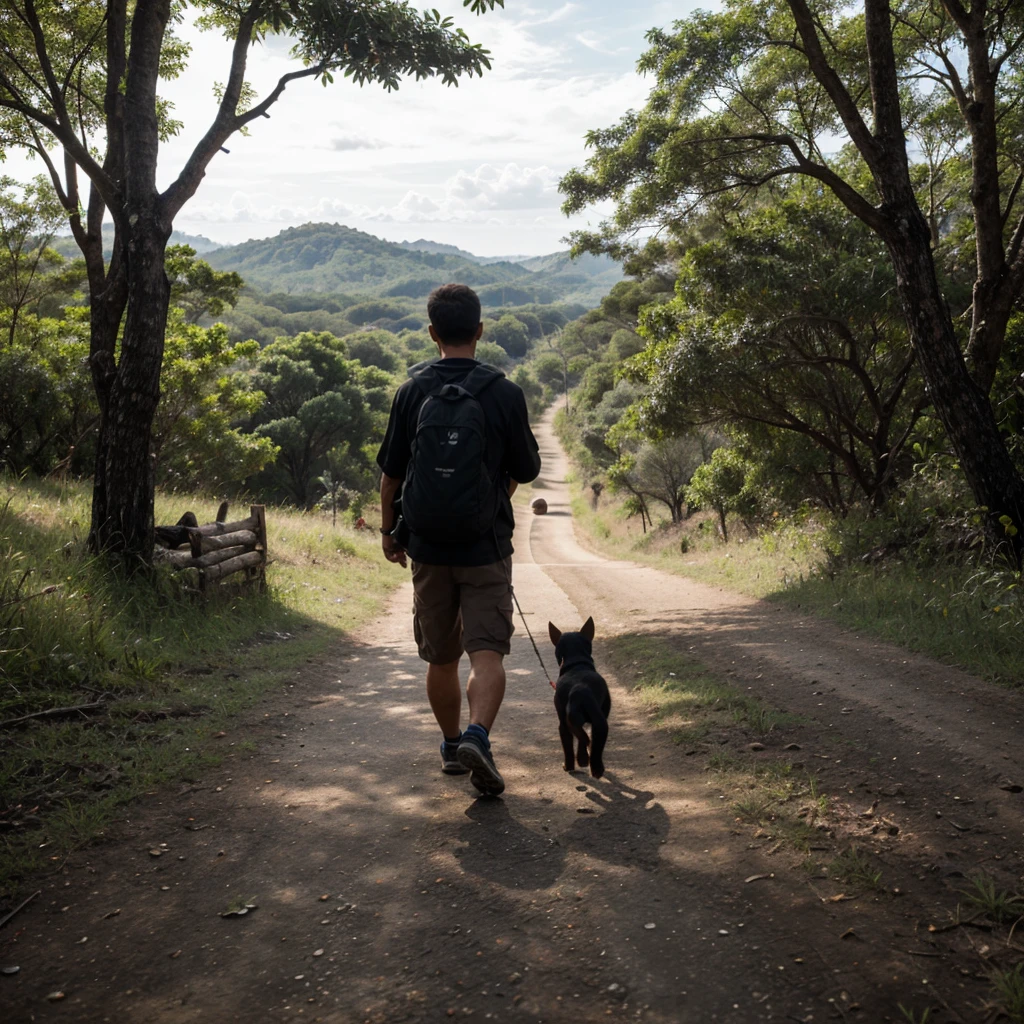 scene with the camera close to the ground, mostrando um adulto com mochila nas costas, like a survivalist and a small dog leaving a highway and heading towards a tropical forest, a qual parece ser abandonada, with many trees and in the foreground, cogumelos estranhos soltando esporos no ar, as if it had the intention of infecting the boy who is walking and a shadow as if it were someone following the person