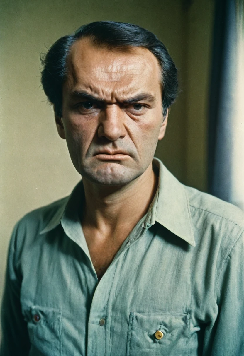 color photo, Angry Man, frowning, portrait photo, in 1980 style, USSR, photo taken in the apartment. The man has stern facial features, chaetinous cheekbones and cheeks