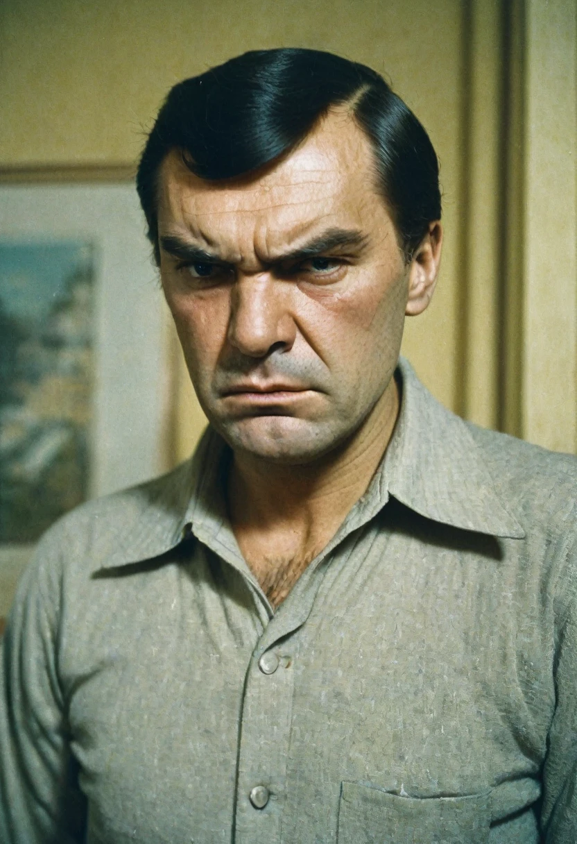 color photo, Angry Man, frowning, portrait photo, in 1980 style, USSR, photo taken in the apartment. The man has stern facial features, chaetinous cheekbones and cheeks