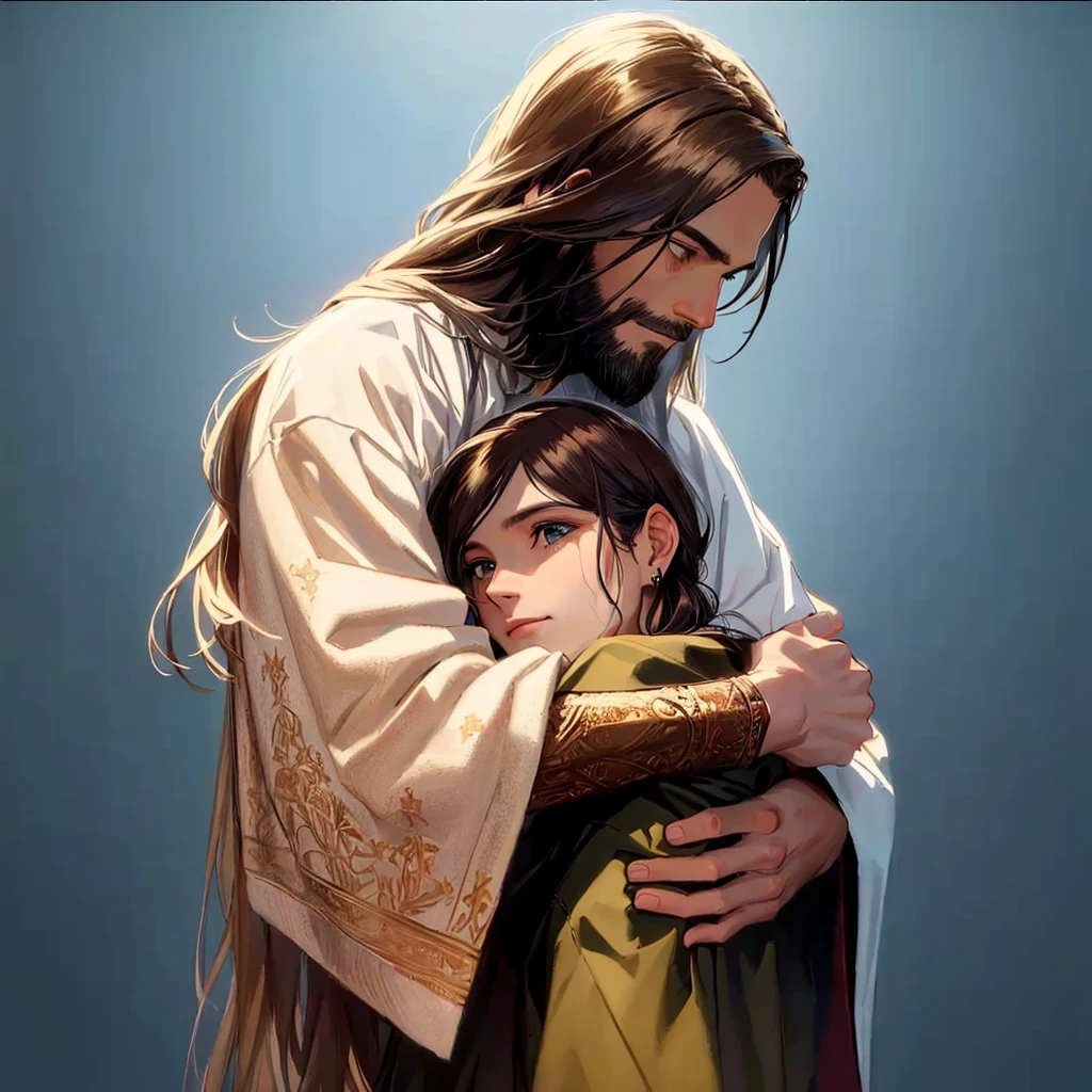 Jesus is holding a  and hugging him with a sad face, Jesus hugging a woman, beautiful illustration, Jesus christ, Emotionales Bild, beautiful masterpiece, ! in der Hand haltend !, absolut herausragendes Bild, emotionale Konzeptkunst, very beautiful masterpiece, Jesus, most beautiful picture of all time, by László Balogh, Christliche Kunst, Vater, mit Kind