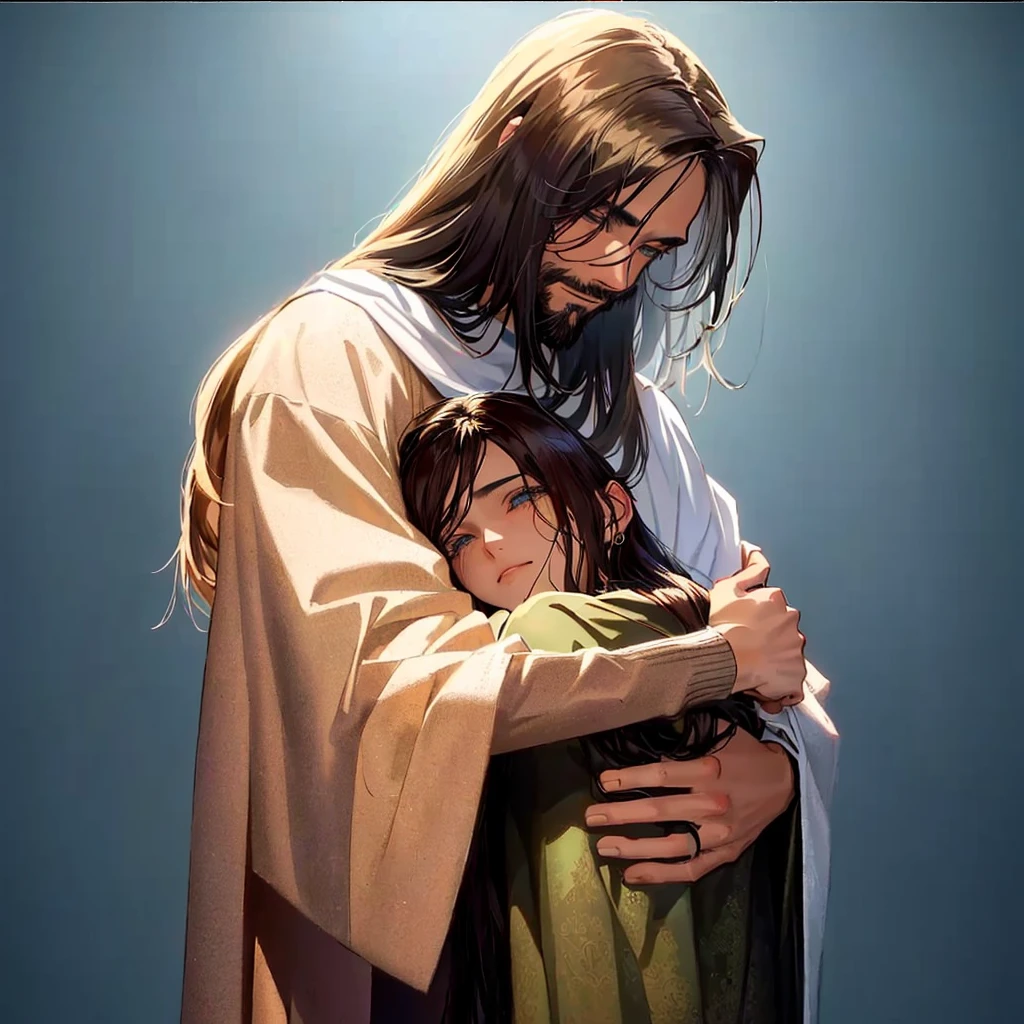 Jesus is holding a  and hugging him with a sad face, Jesus hugging a woman, beautiful illustration, Jesus christ, Emotionales Bild, beautiful masterpiece, ! in der Hand haltend !, absolut herausragendes Bild, emotionale Konzeptkunst, very beautiful masterpiece, Jesus, most beautiful picture of all time, by László Balogh, Christliche Kunst, Vater, mit Kind