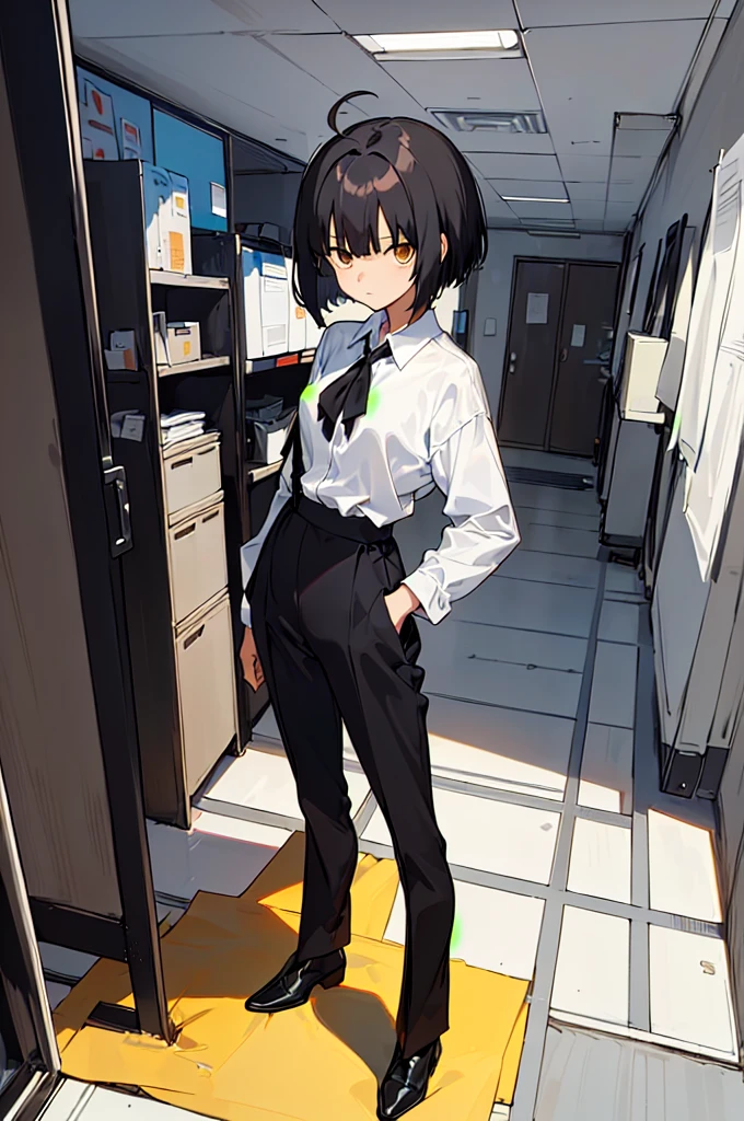 (((shy girl))), ((((shy posture)))), (((1 Girl))), (((standing up))), (((full body))), (((amber-colored irises))), ((flat chested)), ((((Urabe Mikoto from Mysterious Girlfriend X anime style haircut)))), (((hair bangs over eyes)))), ((((eyes hiding behind hair)))), (((short black wavy hair in a messy bob-cut))), (((messy curly bob-cut))), ((((black high-waist long slacks)))), ((black suspenders)), (((black tie))), (((women's dress shirt))), ((women's dress shoes)), ((20-year-old Office Lady)), ((((Office Setting))).