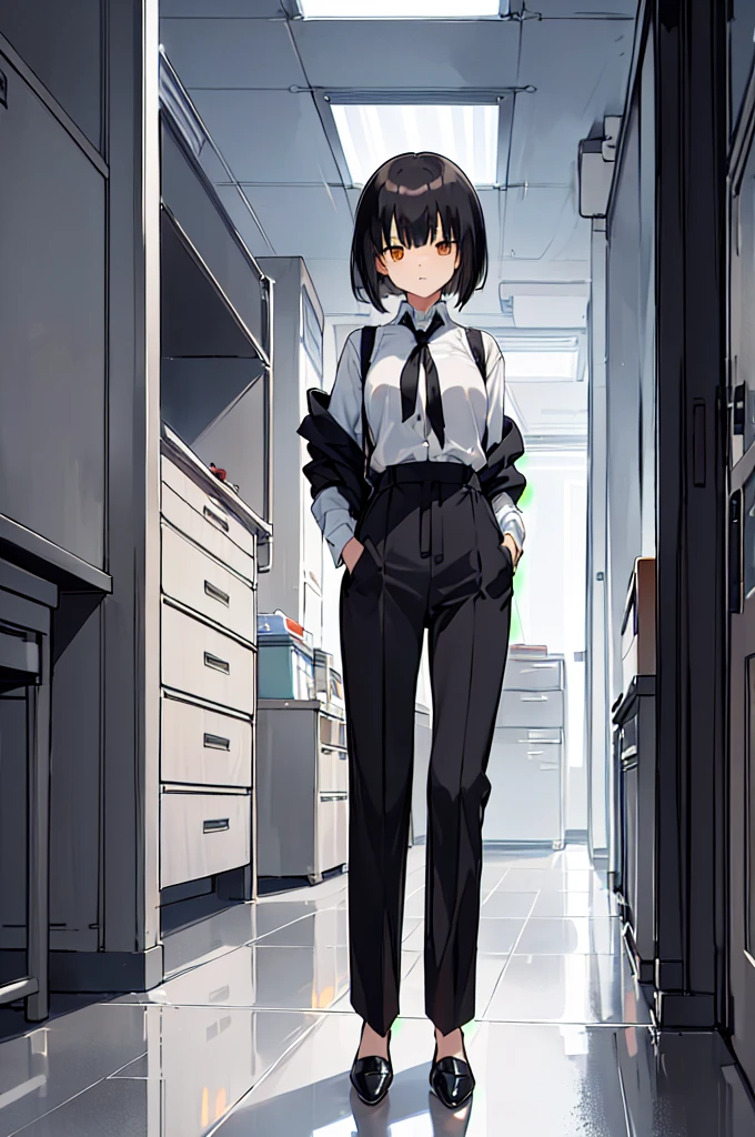 (((shy girl))), ((((shy posture)))), (((1 Girl))), (((standing up))), (((full body))), (((amber-colored irises))), ((flat chested)), ((((Urabe Mikoto from Mysterious Girlfriend X anime style haircut)))), (((hair bangs over eyes)))), ((((eyes hiding behind hair)))), (((short black wavy hair in a messy bob-cut))), (((messy curly bob-cut))), ((((black high-waist long slacks)))), ((black suspenders)), (((black tie))), (((women's dress shirt))), ((women's dress shoes)), ((20-year-old Office Lady)), ((((Office Setting))).