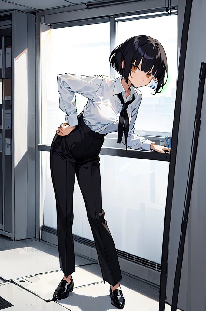 (((shy girl))), ((((shy posture)))), (((1 Girl))), (((standing up))), (((full body))), (((amber-colored irises))), ((flat chested)), ((((Urabe Mikoto from Mysterious Girlfriend X anime style haircut)))), (((hair bangs over eyes)))), ((((eyes hiding behind hair)))), (((short black wavy hair in a messy bob-cut))), (((messy curly bob-cut))), ((((black high-waist long slacks)))), ((black suspenders)), (((black tie))), (((women's dress shirt))), ((women's dress shoes)), ((20-year-old Office Lady)), ((((Office Setting))).