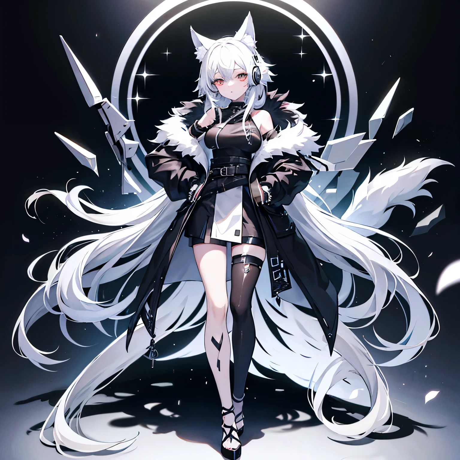White hair、Wolf ears、Black fur coat、headphones、a beautiful girl、Full body painting、Fancy moves、1 person