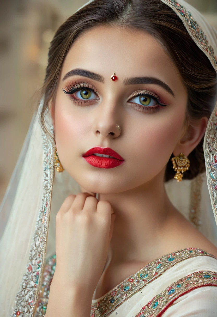 1girl, extremely detailed face and eyes, beautiful detailed lips, beautiful detailed nose, longeyelashes, white skin, indian ethnicity, ************, white dress, sittingpose, looking at camera, (best quality,4k,8k,highres,masterpiece:1.2),ultra-detailed,(realistic,photorealistic,photo-realistic:1.37),HDR,studio lighting,vivid colors,cinematic lighting,cool color tones