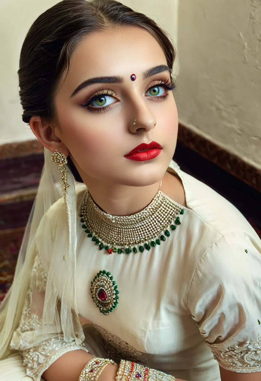 1girl, extremely detailed face and eyes, beautiful detailed lips, beautiful detailed nose, longeyelashes, white skin, indian ethnicity, , white dress, sittingpose, looking at camera, (best quality,4k,8k,highres,masterpiece:1.2),ultra-detailed,(realistic,photorealistic,photo-realistic:1.37),HDR,studio lighting,vivid colors,cinematic lighting,cool color tones