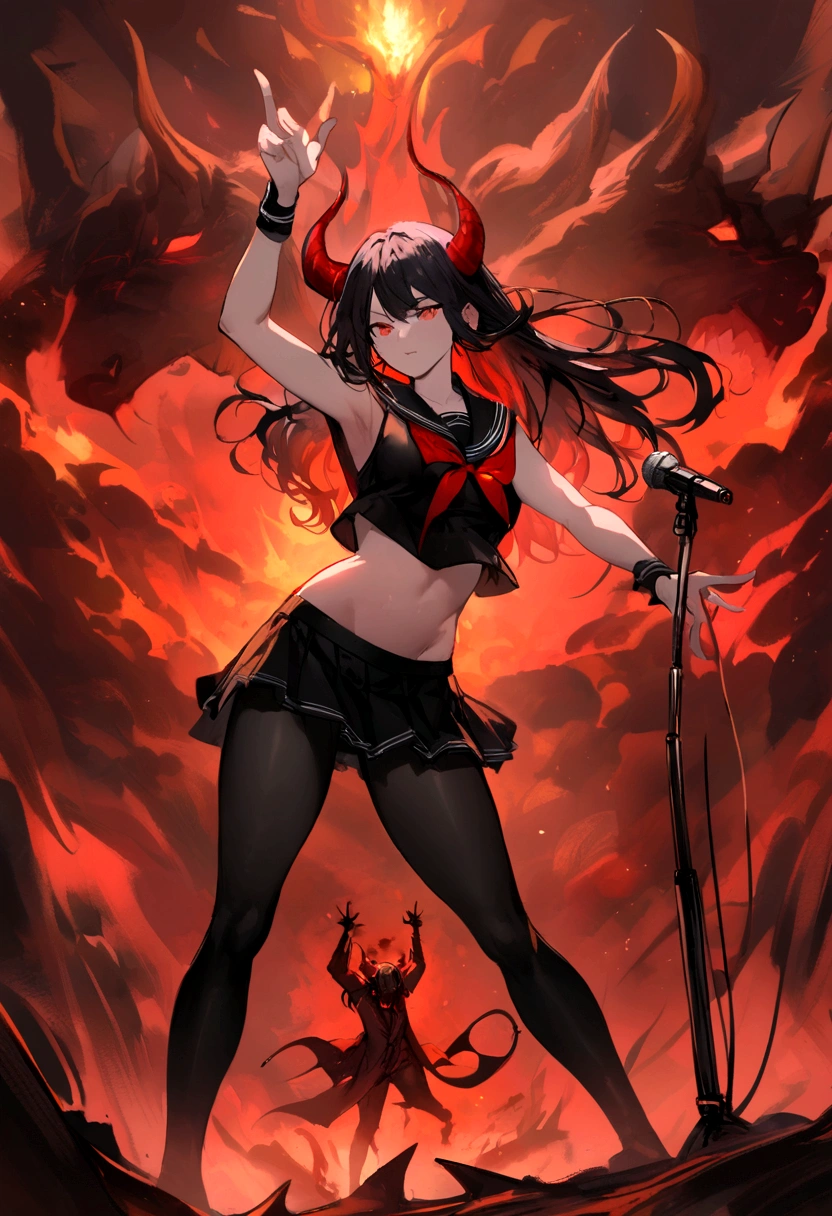 sailor suit, black long hair, cool pose, dynamic, devil, Standing Microphone,