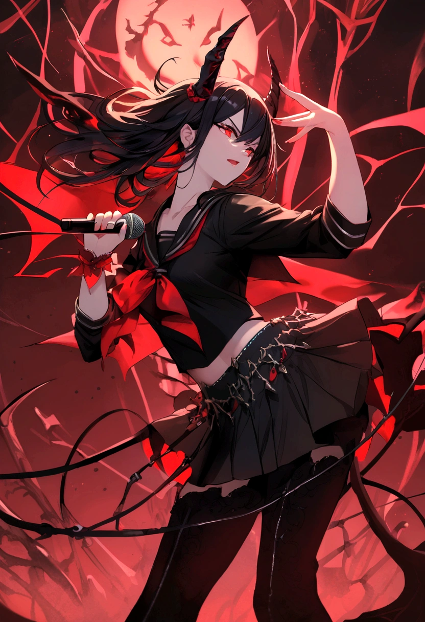 sailor suit, black long hair, cool pose, dynamic, devil, Standing Microphone,