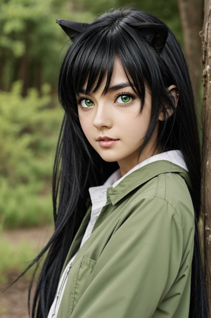 Wolf girl, black hair, green eyes, looking at viewer, anime